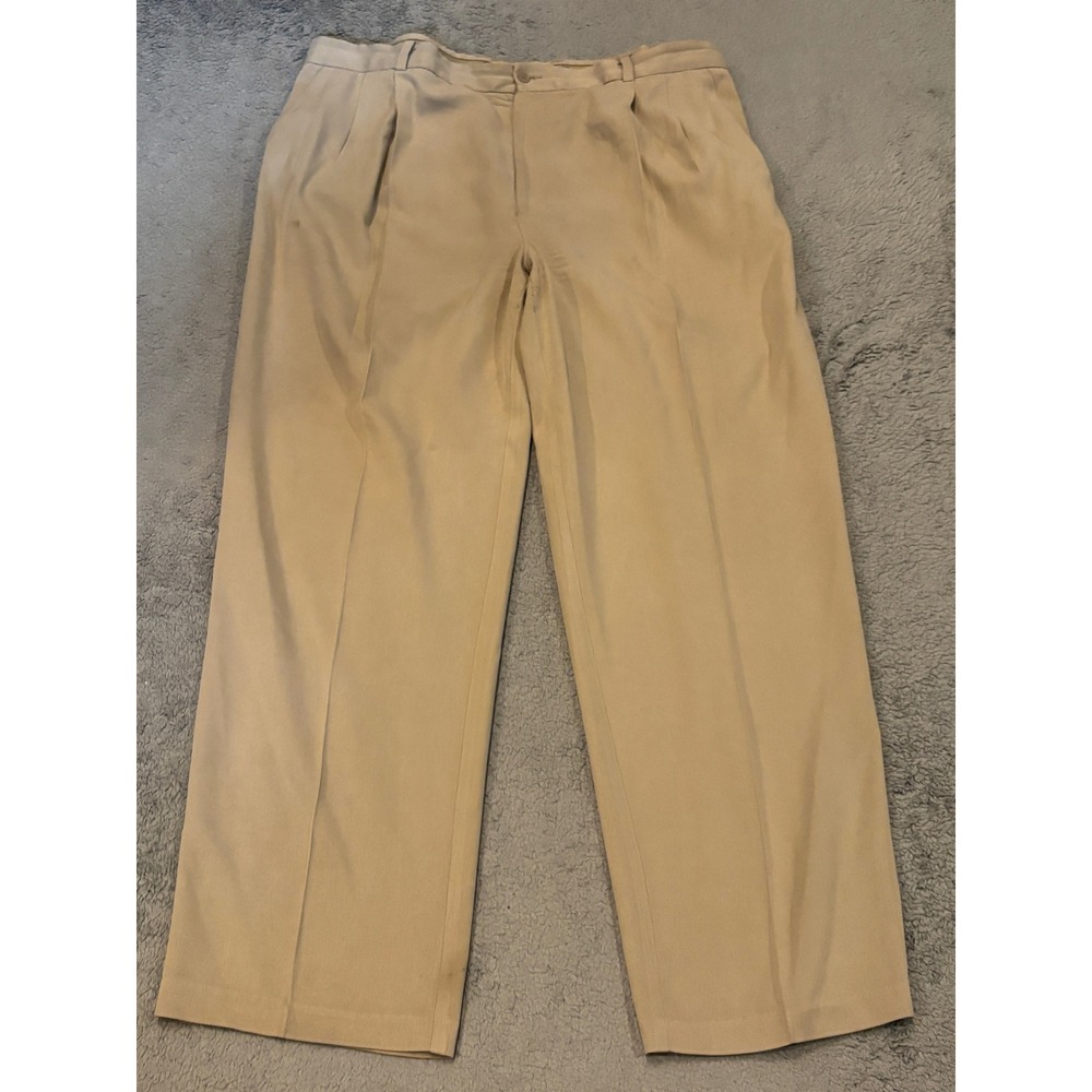 WF Mens 100% Silk Pleated Trousers Tan Khaki Dress Pants 42x32 Luxury Straight